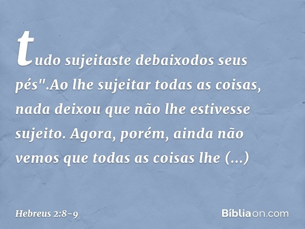 tudo sujeitaste debaixodos seus pés".Ao lhe sujeitar todas as coisas, nada deixou que não lhe estivesse sujeito. Agora, porém, ainda não vemos que todas as cois