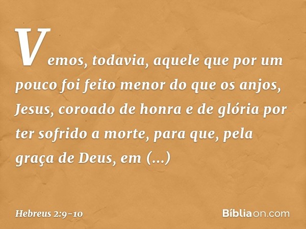 Vemos, todavia, aquele que por um pouco foi feito menor do que os anjos, Jesus, coroado de honra e de glória por ter sofrido a morte, para que, pela graça de De