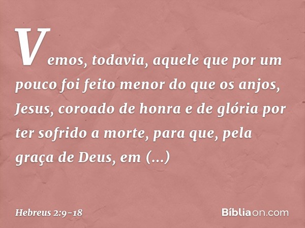 Vemos, todavia, aquele que por um pouco foi feito menor do que os anjos, Jesus, coroado de honra e de glória por ter sofrido a morte, para que, pela graça de De