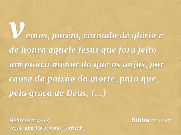 vemos, porém, coroado de glória e de honra aquele Jesus que fora feito um pouco menor do que os anjos, por causa da paixão da morte, para que, pela graça de Deu