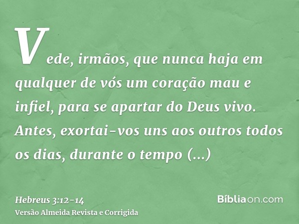 Vede, irmãos, que nunca haja em qualquer de vós um coração mau e infiel, para se apartar do Deus vivo.Antes, exortai-vos uns aos outros todos os dias, durante o