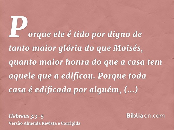 Porque ele é tido por digno de tanto maior glória do que Moisés, quanto maior honra do que a casa tem aquele que a edificou.Porque toda casa é edificada por alg
