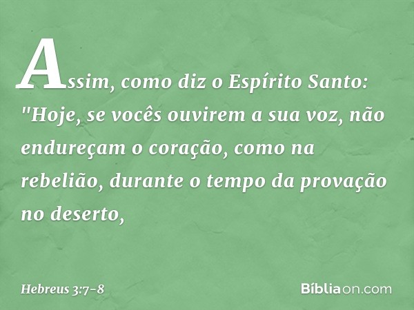 Assim, como diz o Espírito Santo:
"Hoje, se vocês ouvirem
a sua voz, não endureçam o coração,
como na rebelião,
durante o tempo da provação no deserto, -- Hebre