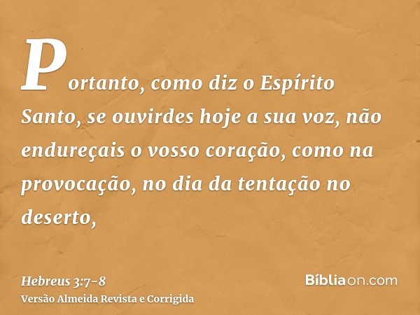 Portanto, como diz o Espírito Santo, se ouvirdes hoje a sua voz,não endureçais o vosso coração, como na provocação, no dia da tentação no deserto,