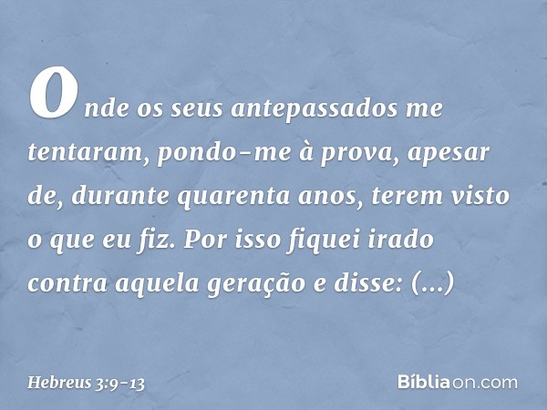 onde os seus antepassados
me tentaram,
pondo-me à prova,
apesar de, durante quarenta anos,
terem visto o que eu fiz. Por isso fiquei irado
contra aquela geração