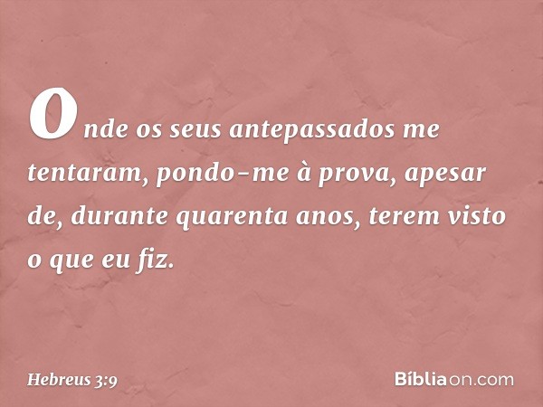 onde os seus antepassados
me tentaram,
pondo-me à prova,
apesar de, durante quarenta anos,
terem visto o que eu fiz. -- Hebreus 3:9