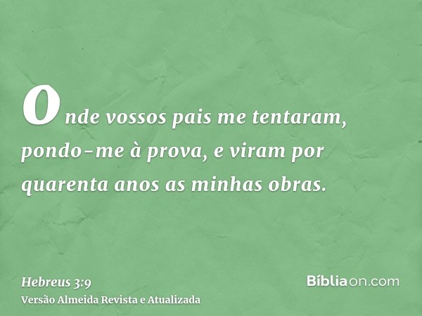 onde vossos pais me tentaram, pondo-me à prova, e viram por quarenta anos as minhas obras.