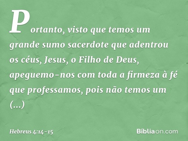 Portanto, visto que temos um grande sumo sacerdote que adentrou os céus, Jesus, o Filho de Deus, apeguemo-nos com toda a firmeza à fé que professamos, pois não 