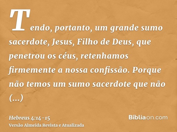 Tendo, portanto, um grande sumo sacerdote, Jesus, Filho de Deus, que penetrou os céus, retenhamos firmemente a nossa confissão.Porque não temos um sumo sacerdot