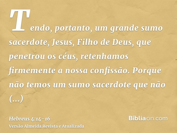 Tendo, portanto, um grande sumo sacerdote, Jesus, Filho de Deus, que penetrou os céus, retenhamos firmemente a nossa confissão.Porque não temos um sumo sacerdot