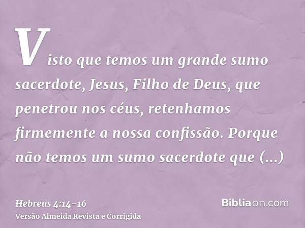 Visto que temos um grande sumo sacerdote, Jesus, Filho de Deus, que penetrou nos céus, retenhamos firmemente a nossa confissão.Porque não temos um sumo sacerdot