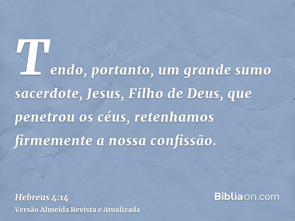 Tendo, portanto, um grande sumo sacerdote, Jesus, Filho de Deus, que penetrou os céus, retenhamos firmemente a nossa confissão.