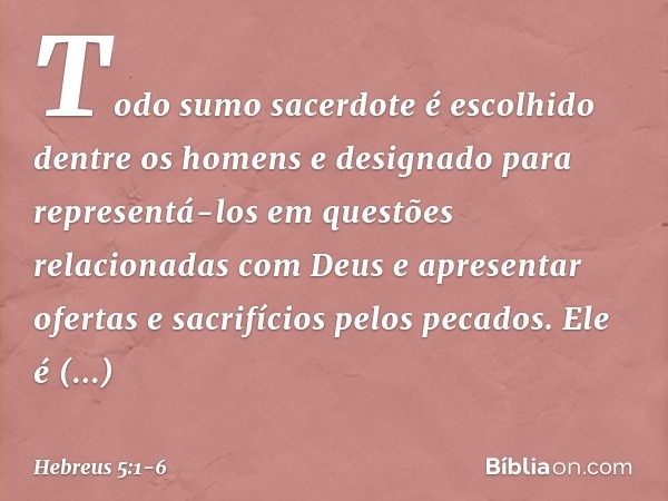 Todo sumo sacerdote é escolhido dentre os homens e designado para representá-los em questões relacionadas com Deus e apresentar ofertas e sacrifícios pelos peca