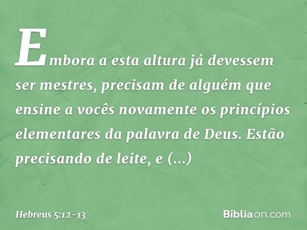 Embora a esta altura já devessem ser mestres, precisam de alguém que ensine a vocês novamente os princípios elementares da palavra de Deus. Estão precisando de 