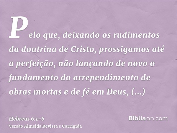 Pelo que, deixando os rudimentos da doutrina de Cristo, prossigamos até a perfeição, não lançando de novo o fundamento do arrependimento de obras mortas e de fé