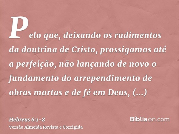 Pelo que, deixando os rudimentos da doutrina de Cristo, prossigamos até a perfeição, não lançando de novo o fundamento do arrependimento de obras mortas e de fé