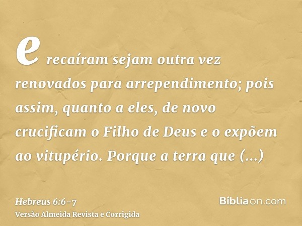 e recaíram sejam outra vez renovados para arrependimento; pois assim, quanto a eles, de novo crucificam o Filho de Deus e o expõem ao vitupério.Porque a terra q