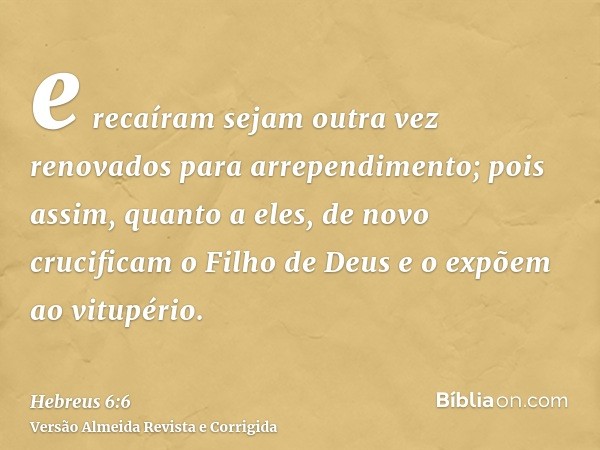 e recaíram sejam outra vez renovados para arrependimento; pois assim, quanto a eles, de novo crucificam o Filho de Deus e o expõem ao vitupério.