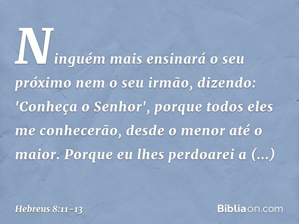 Ninguém mais ensinará
o seu próximo
nem o seu irmão, dizendo:
'Conheça o Senhor',
porque todos eles
me conhecerão,
desde o menor até o maior. Porque eu lhes per