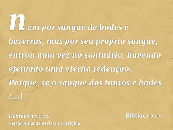 nem por sangue de bodes e bezerros, mas por seu próprio sangue, entrou uma vez no santuário, havendo efetuado uma eterna redenção.Porque, se o sangue dos touros