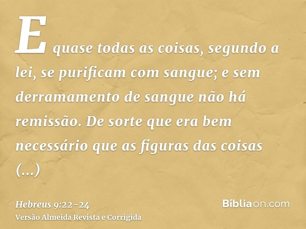 E quase todas as coisas, segundo a lei, se purificam com sangue; e sem derramamento de sangue não há remissão.De sorte que era bem necessário que as figuras das