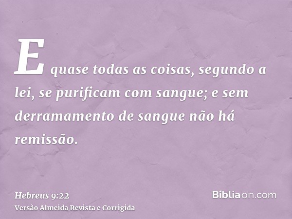 E quase todas as coisas, segundo a lei, se purificam com sangue; e sem derramamento de sangue não há remissão.
