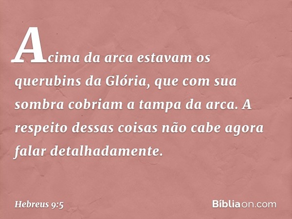 Acima da arca estavam os querubins da Glória, que com sua sombra cobriam a tampa da arca. A respeito dessas coisas não cabe agora falar detalhadamente. -- Hebre