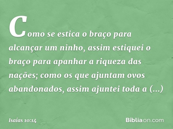 Como se estica o braço
para alcançar um ninho,
assim estiquei o braço
para apanhar a riqueza das nações;
como os que ajuntam ovos abandonados,
assim ajuntei tod