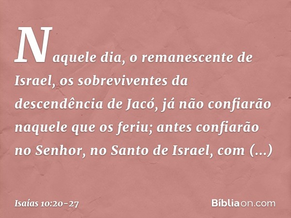 Naquele dia, o remanescente de Israel,
os sobreviventes da descendência de Jacó,
já não confiarão naquele que os feriu;
antes confiarão no Senhor,
no Santo de I