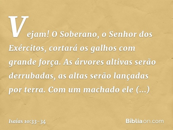 Vejam! O Soberano,
o Senhor dos Exércitos,
cortará os galhos com grande força.
As árvores altivas serão derrubadas,
as altas serão lançadas por terra. Com um ma