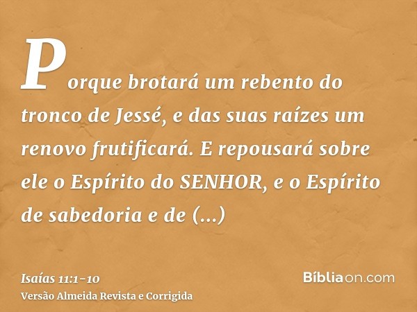 Porque brotará um rebento do tronco de Jessé, e das suas raízes um renovo frutificará.E repousará sobre ele o Espírito do SENHOR, e o Espírito de sabedoria e de