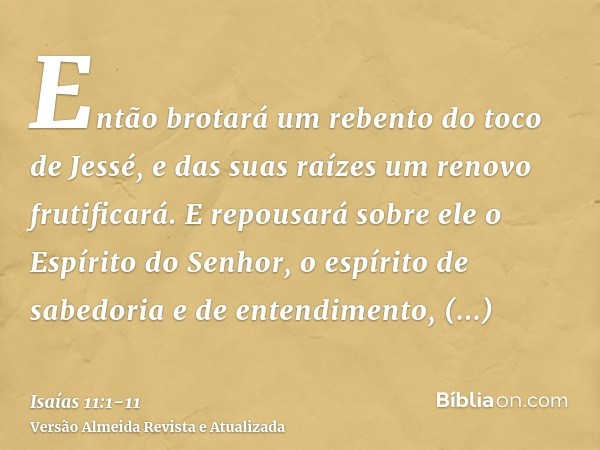 Então brotará um rebento do toco de Jessé, e das suas raízes um renovo frutificará.E repousará sobre ele o Espírito do Senhor, o espírito de sabedoria e de ente