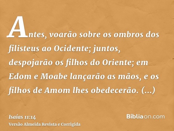 Antes, voarão sobre os ombros dos filisteus ao Ocidente; juntos, despojarão os filhos do Oriente; em Edom e Moabe lançarão as mãos, e os filhos de Amom lhes obe