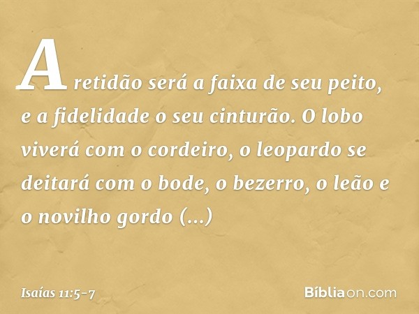 A retidão será a faixa de seu peito,
e a fidelidade o seu cinturão. O lobo viverá com o cordeiro,
o leopardo se deitará com o bode,
o bezerro, o leão e o novilh