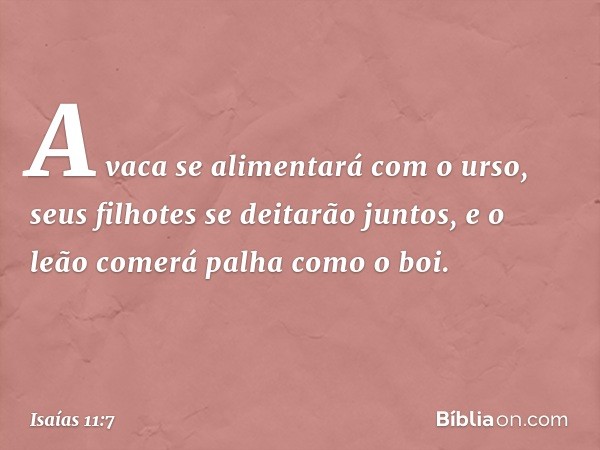 A vaca se alimentará com o urso,
seus filhotes se deitarão juntos,
e o leão comerá palha como o boi. -- Isaías 11:7