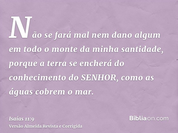 Não se fará mal nem dano algum em todo o monte da minha santidade, porque a terra se encherá do conhecimento do SENHOR, como as águas cobrem o mar.