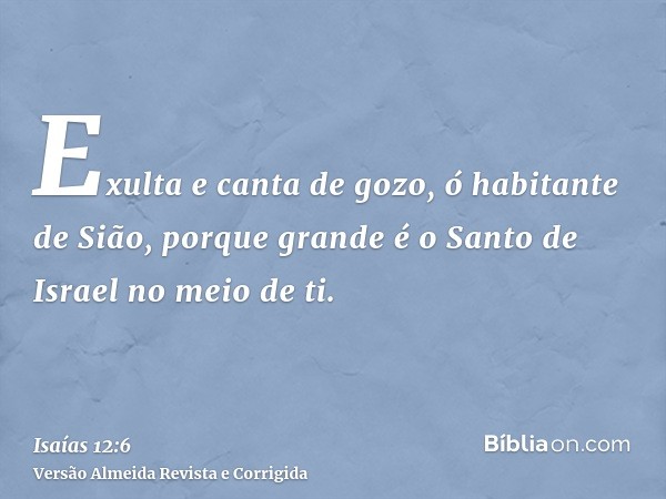 Exulta e canta de gozo, ó habitante de Sião, porque grande é o Santo de Israel no meio de ti.