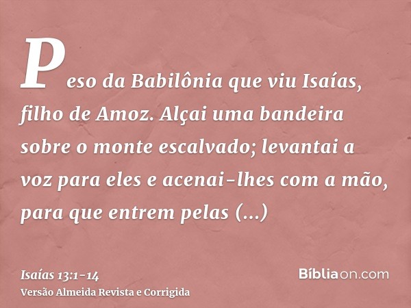 Peso da Babilônia que viu Isaías, filho de Amoz.Alçai uma bandeira sobre o monte escalvado; levantai a voz para eles e acenai-lhes com a mão, para que entrem pe