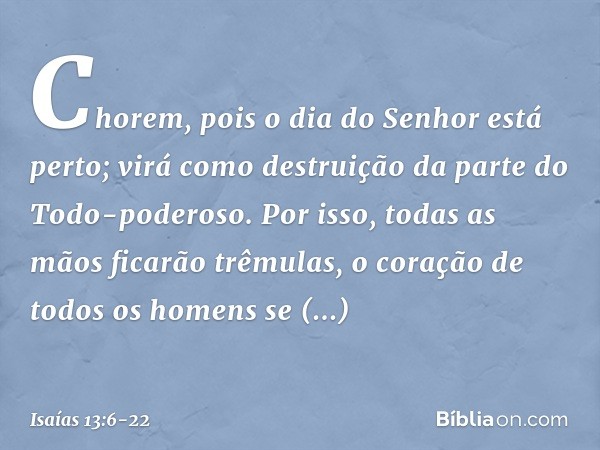 Chorem, pois o dia do Senhor está perto;
virá como destruição
da parte do Todo-poderoso. Por isso, todas as mãos ficarão trêmulas,
o coração de todos os homens 