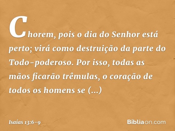 Chorem, pois o dia do Senhor está perto;
virá como destruição
da parte do Todo-poderoso. Por isso, todas as mãos ficarão trêmulas,
o coração de todos os homens 