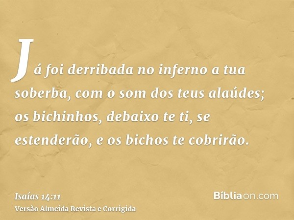 Já foi derribada no inferno a tua soberba, com o som dos teus alaúdes; os bichinhos, debaixo te ti, se estenderão, e os bichos te cobrirão.