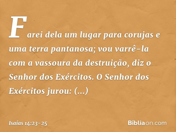 "Farei dela um lugar para corujas
e uma terra pantanosa;
vou varrê-la com a vassoura da destruição",
diz o Senhor dos Exércitos. O Senhor dos Exércitos jurou:
"