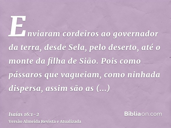 Enviaram cordeiros ao governador da terra, desde Sela, pelo deserto, até o monte da filha de Sião.Pois como pássaros que vagueiam, como ninhada dispersa, assim 