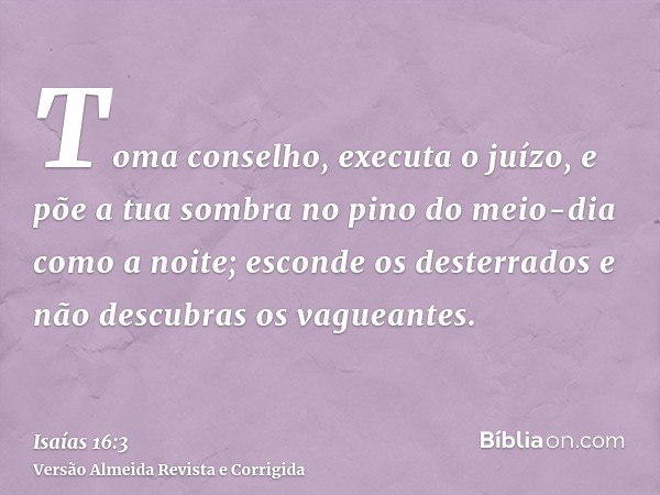 Toma conselho, executa o juízo, e põe a tua sombra no pino do meio-dia como a noite; esconde os desterrados e não descubras os vagueantes.