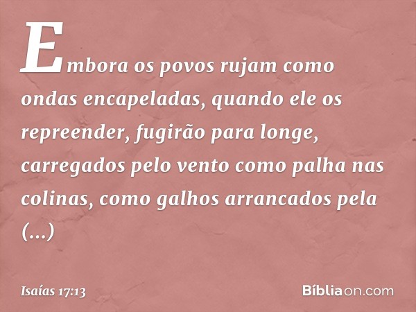 Embora os povos rujam como
ondas encapeladas,
quando ele os repreender,
fugirão para longe,
carregados pelo vento
como palha nas colinas,
como galhos arrancados