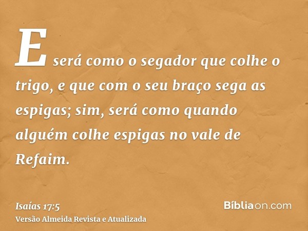 E será como o segador que colhe o trigo, e que com o seu braço sega as espigas; sim, será como quando alguém colhe espigas no vale de Refaim.