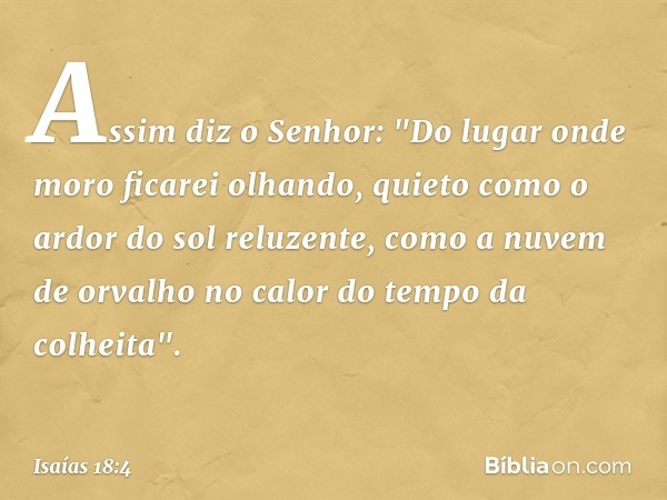 Assim diz o Senhor:
"Do lugar onde moro
ficarei olhando, quieto
como o ardor do sol reluzente,
como a nuvem de orvalho
no calor do tempo da colheita". -- Isaías