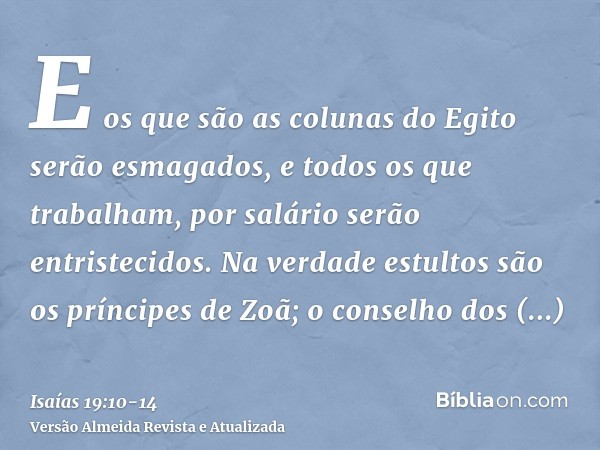 E os que são as colunas do Egito serão esmagados, e todos os que trabalham, por salário serão entristecidos.Na verdade estultos são os príncipes de Zoã; o conse