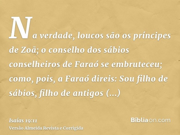 Na verdade, loucos são os príncipes de Zoã; o conselho dos sábios conselheiros de Faraó se embruteceu; como, pois, a Faraó direis: Sou filho de sábios, filho de