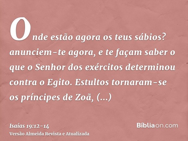 Onde estão agora os teus sábios? anunciem-te agora, e te façam saber o que o Senhor dos exércitos determinou contra o Egito.Estultos tornaram-se os príncipes de